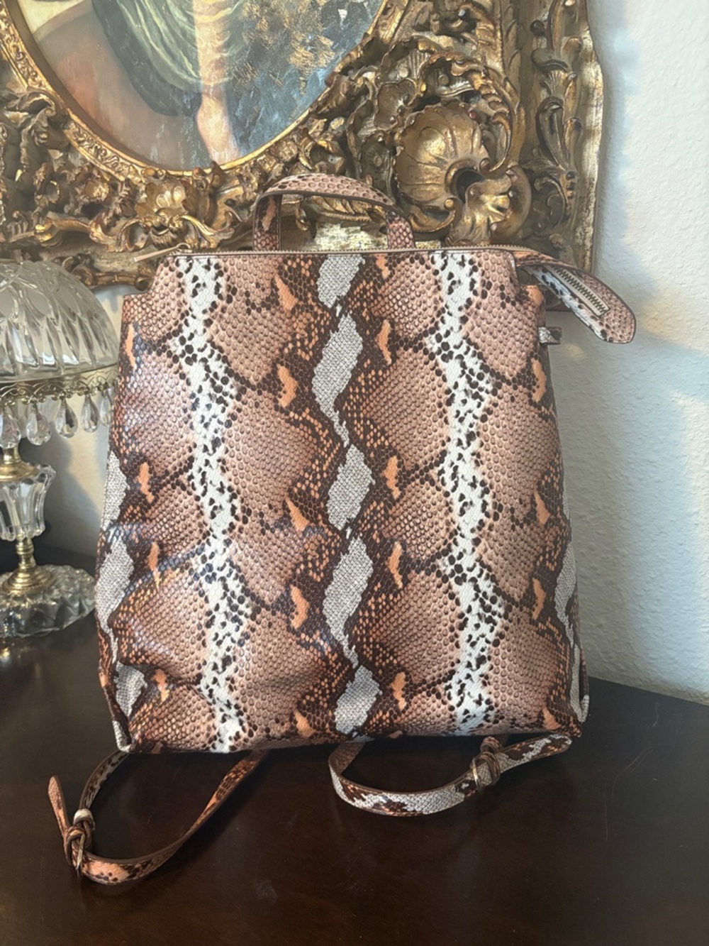 Snake-Print Faux Leather Backpack - Brown/Gray